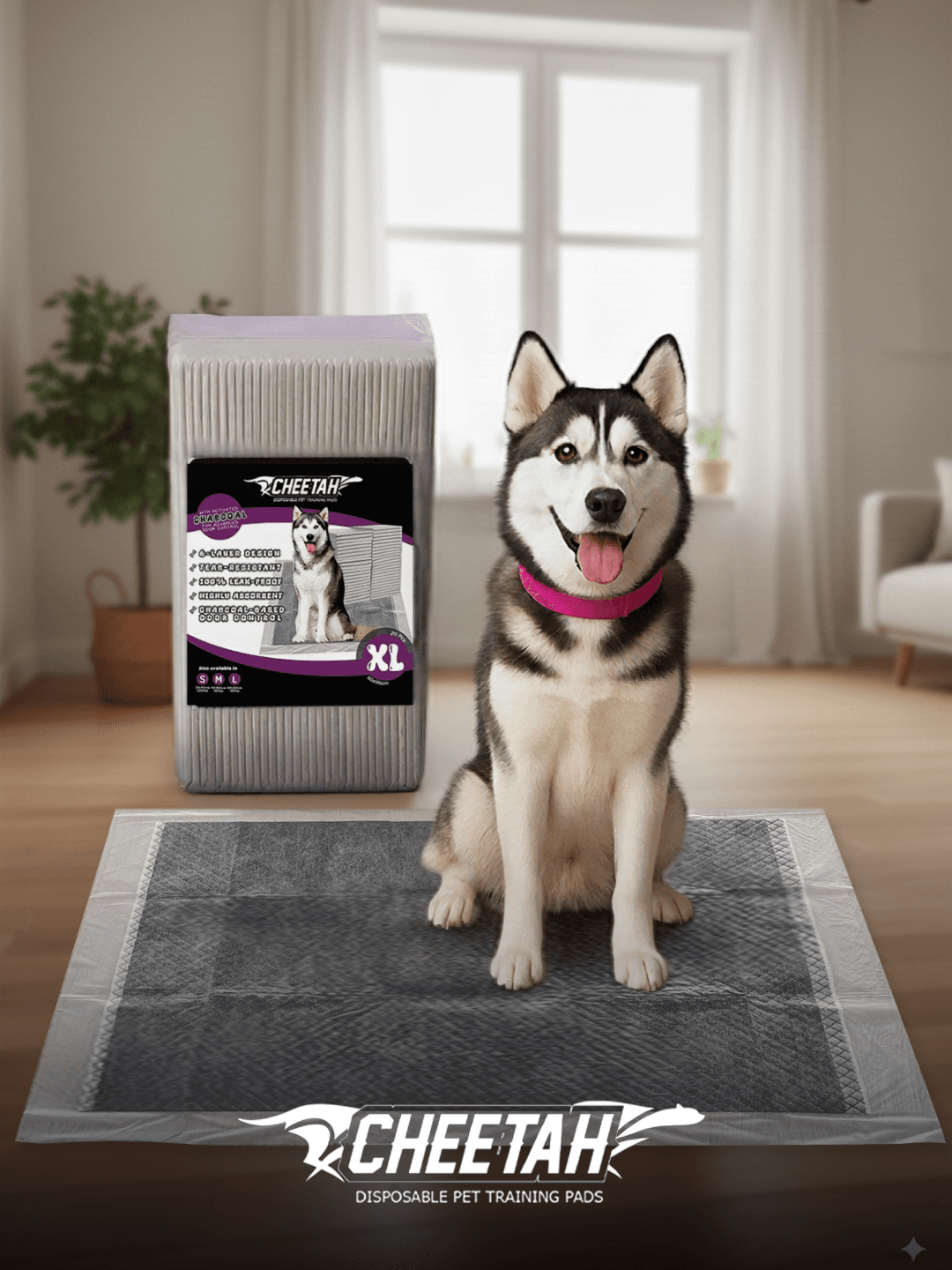 CHEETAH Disposable Pet Training Pads ā 6-Layer, Grey Color - Activated Charcoal, XL Size (60x90cm) - 20Pcs