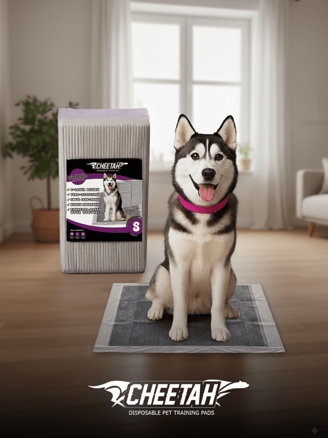 CHEETAH Disposable Puppy Pee Pads ā 6-Layers , Grey Color Activated Charcoal, S Size (35x45cm) - 100Pcs